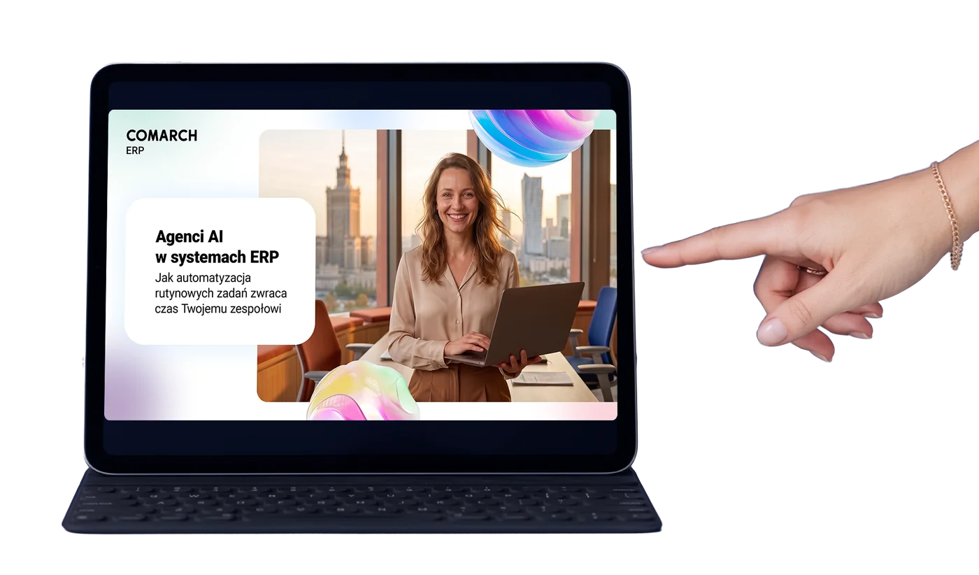 Mockup tabletu z okładką whitepapera „Agenci AI w systemach ERP”